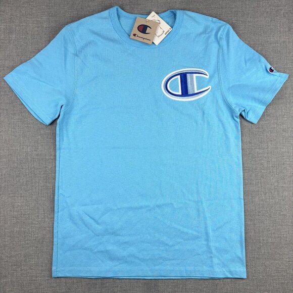 Champion Blue T-Shirt  Large C Logo Embroidery On Chest Medium Size 100% Cotton - Picture 1 of 7